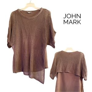 John Mark Brown Mesh Overlay Small S Lagenlook Asymmetrical‎ Hi Lo Hem Tunic Top